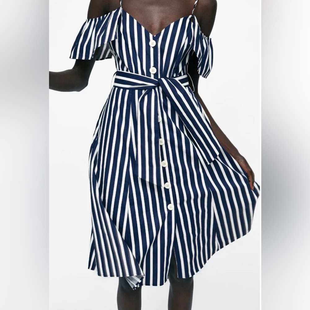 NEW ZARA SUNDRESS COTTON STRIPED NAVY BLUE WHITE ROMPER DRESS XS NWT!